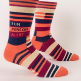 Blue Q Fun Person Alert M-Crew Socks featuring colorful, playful design with blue and vibrant patterns on comfortable crew socks.