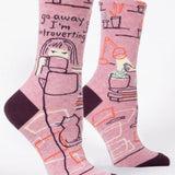 Blue Q crew socks featuring humorous "Go Away I'm Introverting" design in blue and white, casual and comfortable footwear.