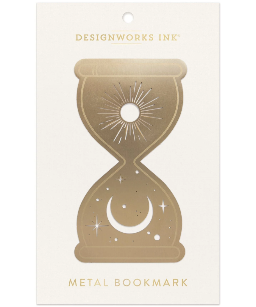 Designworks Ink metal bookmark featuring an elegant hourglass design, perfect for marking pages in books.