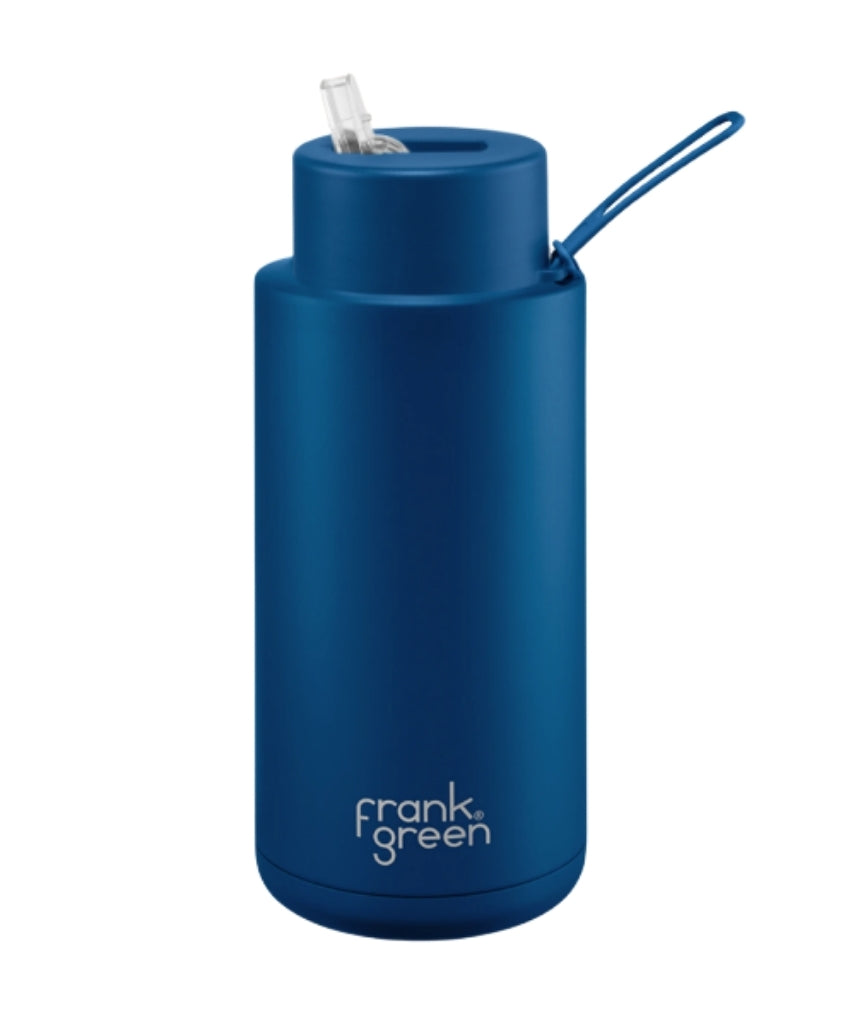 Frank Green Deep Ocean 1L drinkwear bottle featuring a sleek design and durable material for reusable hydration.