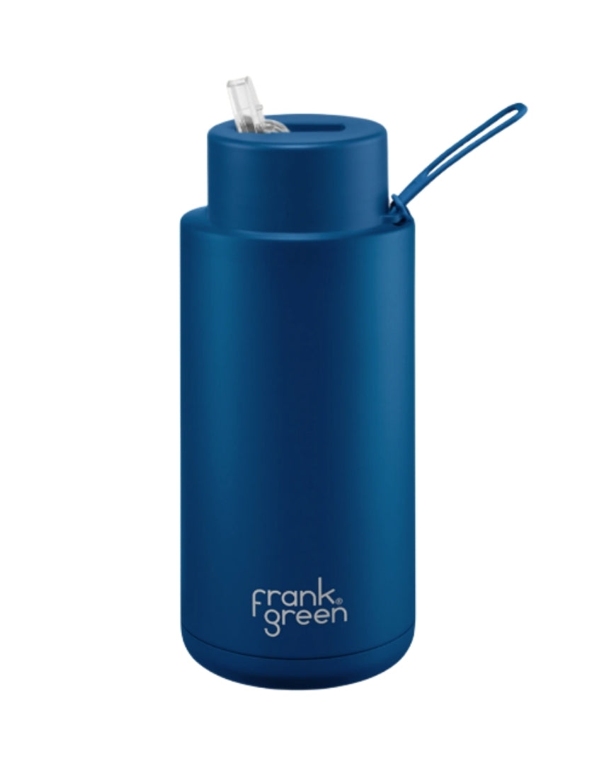 Frank Green Deep Ocean 1L drinkwear bottle featuring a sleek design and durable material for reusable hydration.