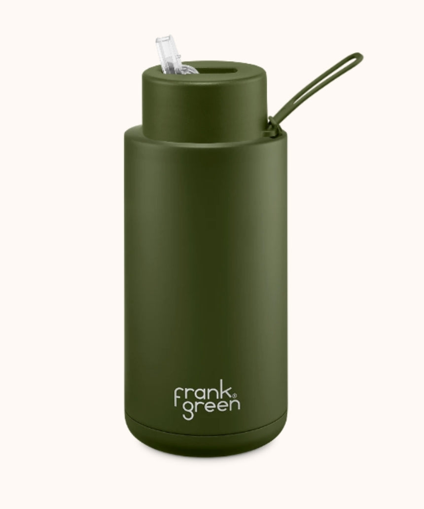Frank Green Khaki 1L drinkwear bottle, reusable stainless steel water bottle with a sleek design and screw-top lid