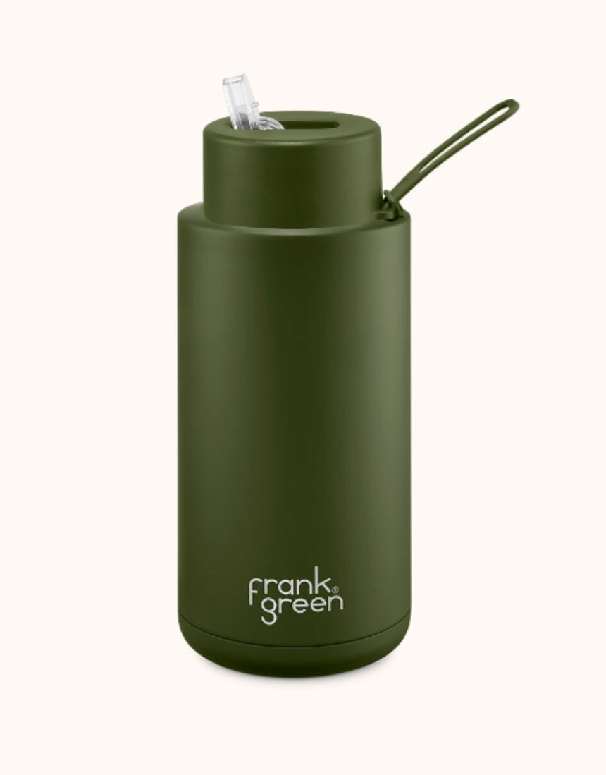 Frank Green Khaki 1L drinkwear bottle, reusable stainless steel water bottle with a sleek design and screw-top lid