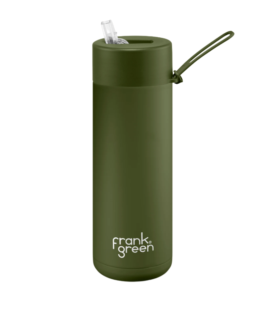 Frank Green Khaki 595ml drinkwear bottle with a sleek design and screw-top lid, ideal for on-the-go hydration.