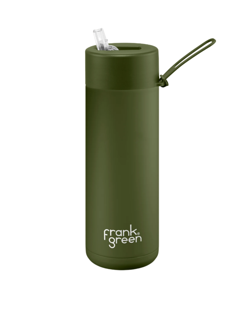 Frank Green Khaki 595ml drinkwear bottle with a sleek design and screw-top lid, ideal for on-the-go hydration.