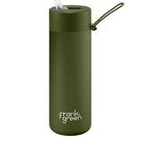 Frank Green Khaki 595ml drinkwear bottle with a sleek design and screw-top lid, ideal for on-the-go hydration.