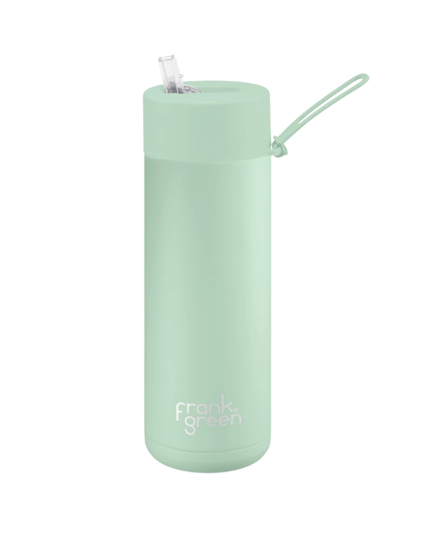 Frank Green Mint Gelato 595ml drinkwear bottle showing a sleek, mint-colored design with a secure lid and clear branding.