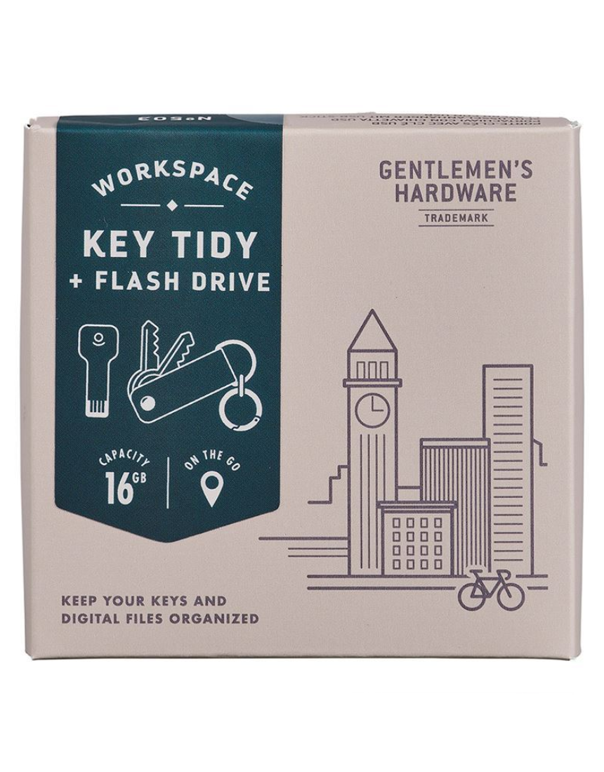 Gentlemen's Hardware key tidy and flash drive with keyring attachment, black plastic case, and compact design for organizing keys and data.