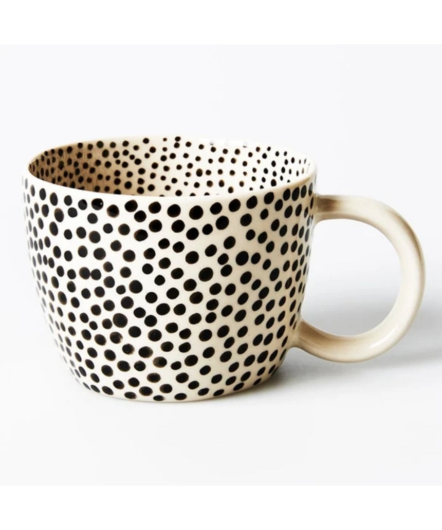 Jones & Co Chino Mug in black with white sprinkle pattern, a stylish ceramic homeware piece for hot beverages.