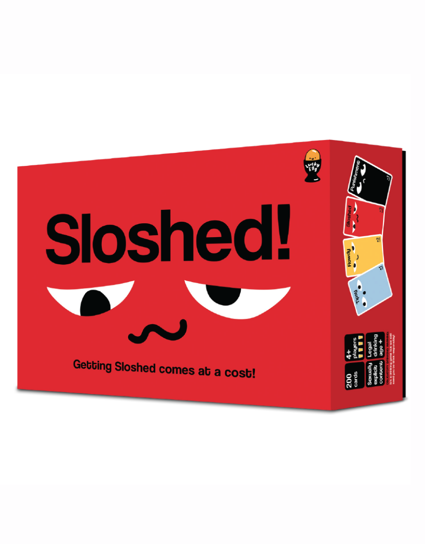 Little Global Sloshed drinking game box with colorful design, featuring game instructions and fun imagery for social drinking fun.