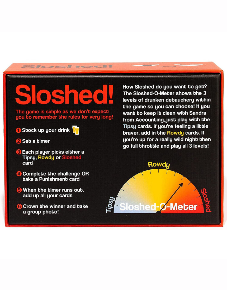 Little Global Sloshed drinking game box with colorful design and game instructions for fun social drinking activities.
