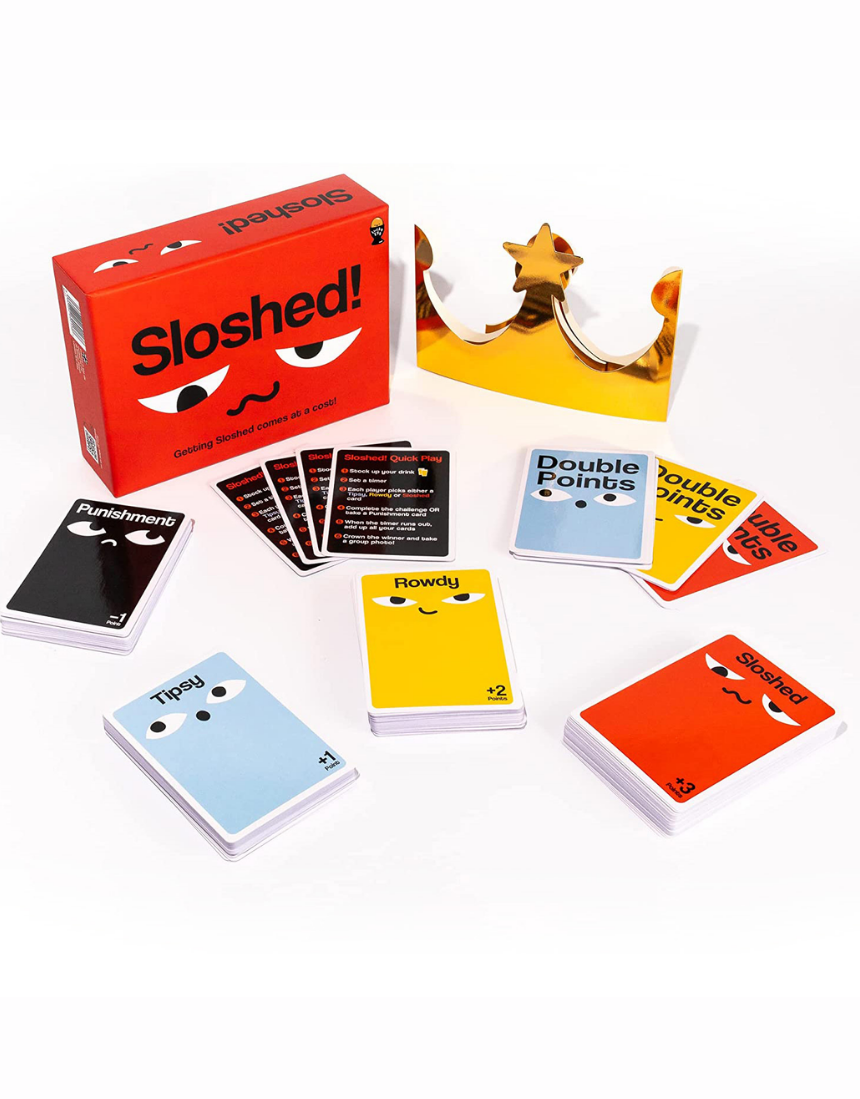 Little Global Sloshed drinking game box with colorful design, featuring game instructions and vibrant graphics on the front.