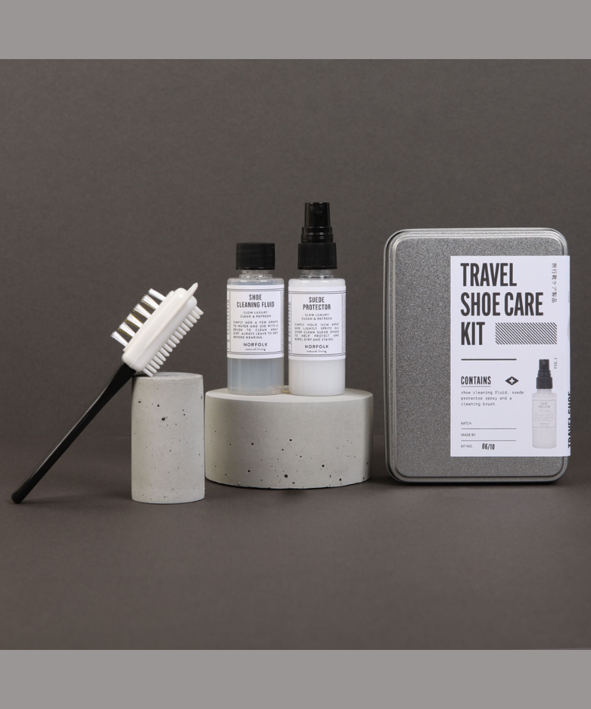 Men's Society travel shoe care kit with brushes, polish, and accessories for men's shoe maintenance and cleaning.