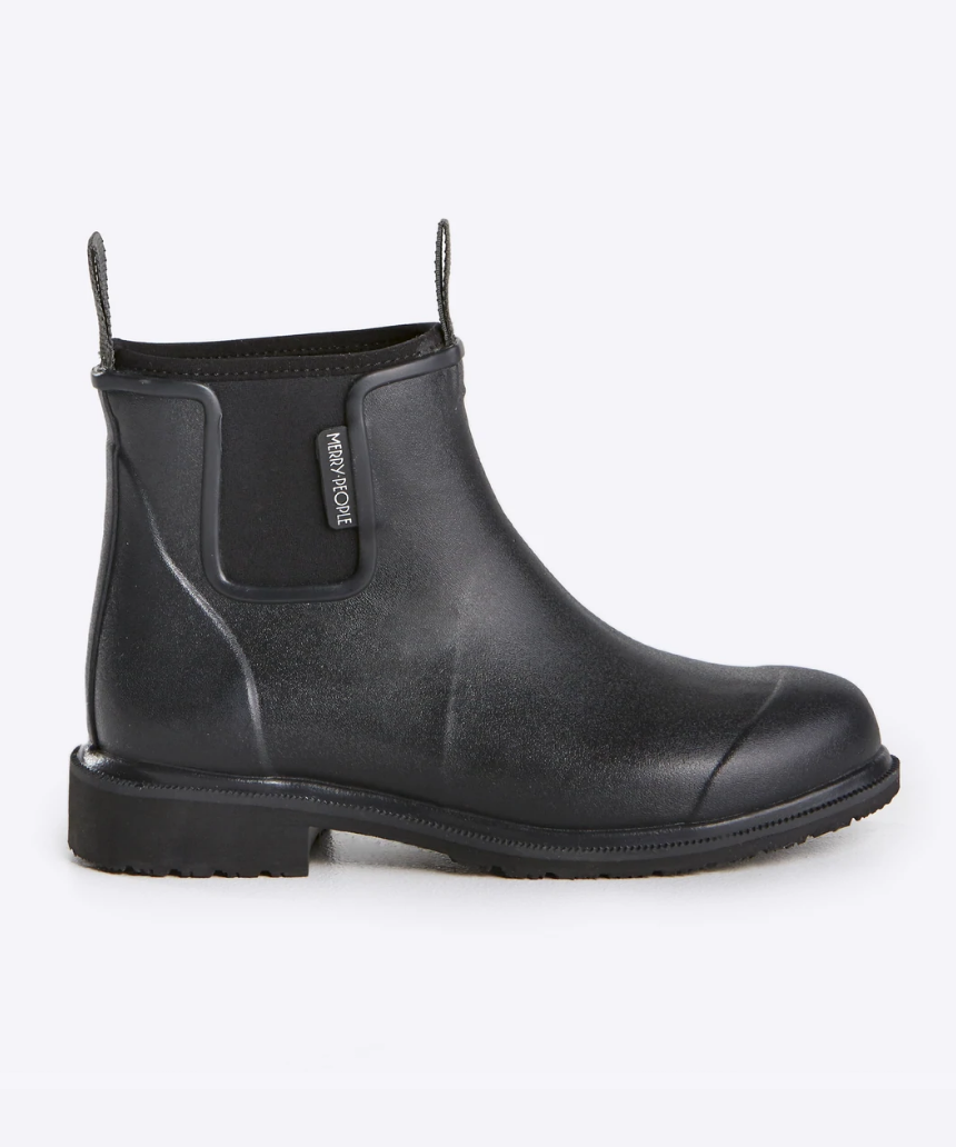 Black Merry People Bobbi Gumboot shoes with a sleek rubber design and sturdy sole, ideal for rainy weather.