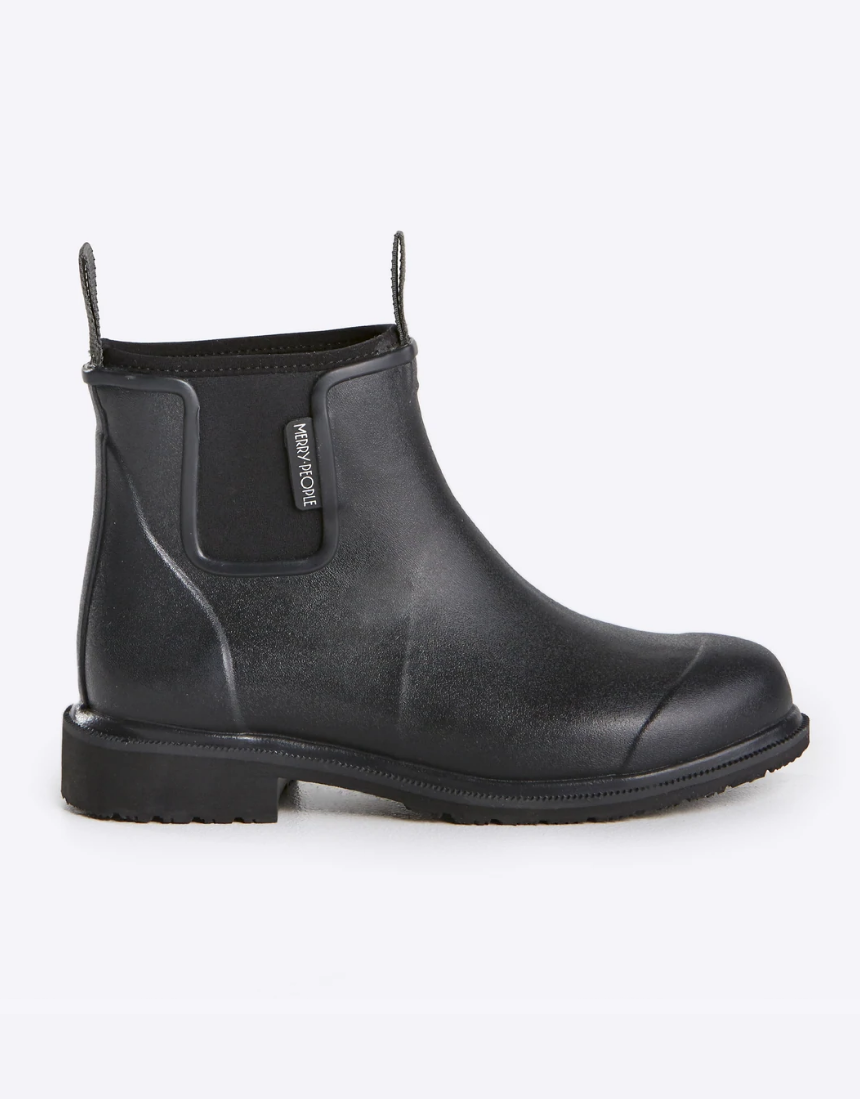 Black Merry People Bobbi Gumboot shoes with a sleek rubber design and sturdy sole, ideal for rainy weather.