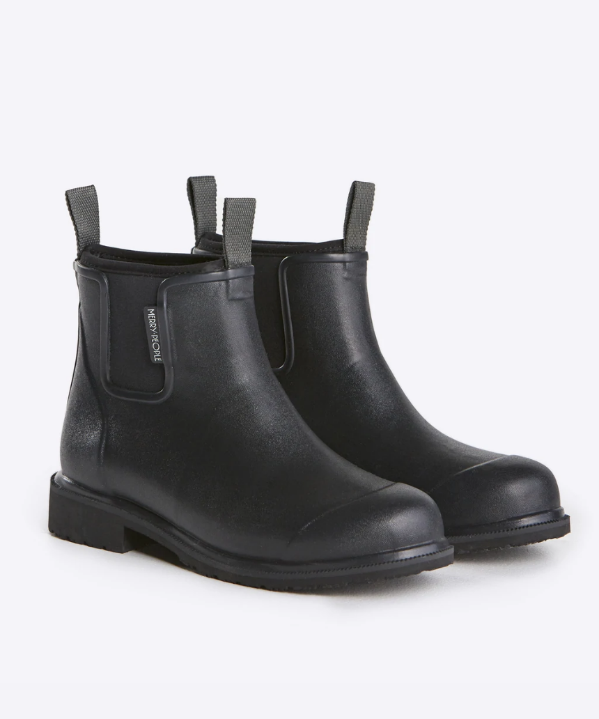 Black Merry People Bobbi Gumboot shoes with waterproof rubber soles and stylish design, perfect for rainy weather.