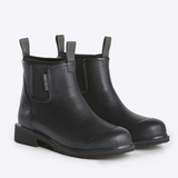 Black Merry People Bobbi Gumboot shoes with waterproof rubber soles and stylish design, perfect for rainy weather.