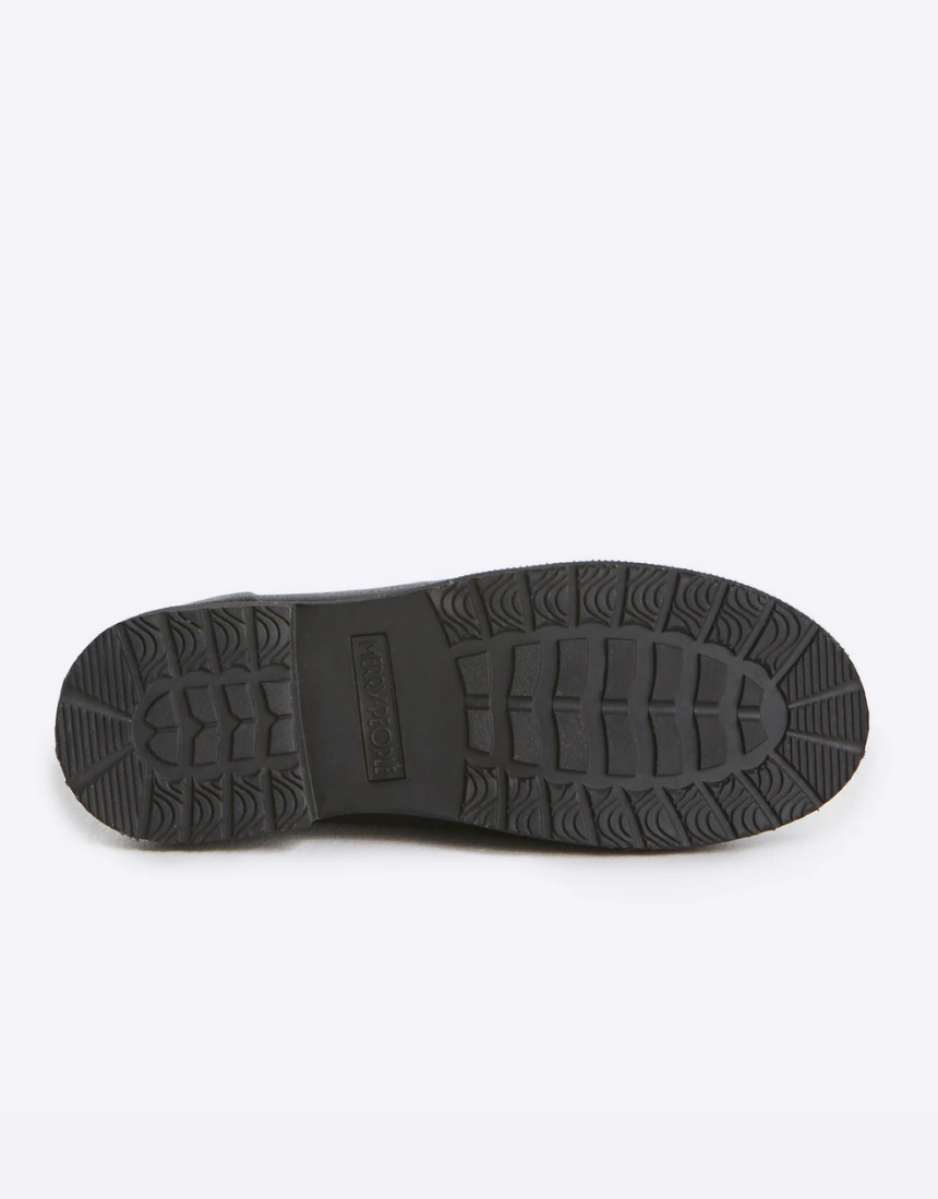 Black Merry People Bobbi Gumboot shoes with tall rubber design and textured sole, stylish and waterproof footwear.