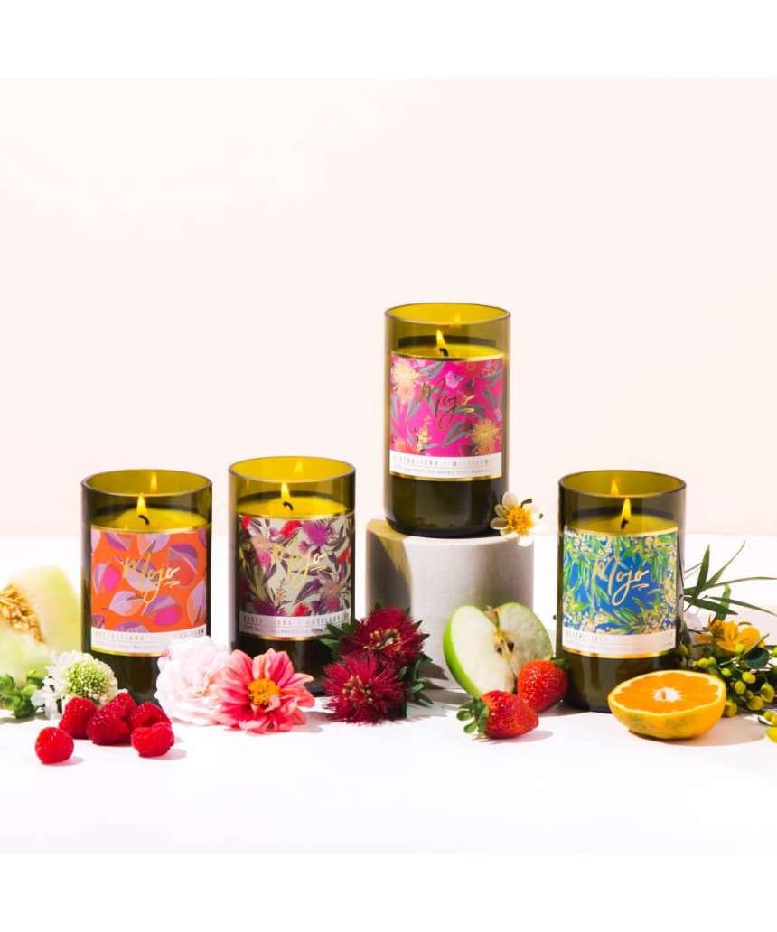 Mojo Candle Co. bottlebrush Australiana Collection candle with natural wax and botanical label design.