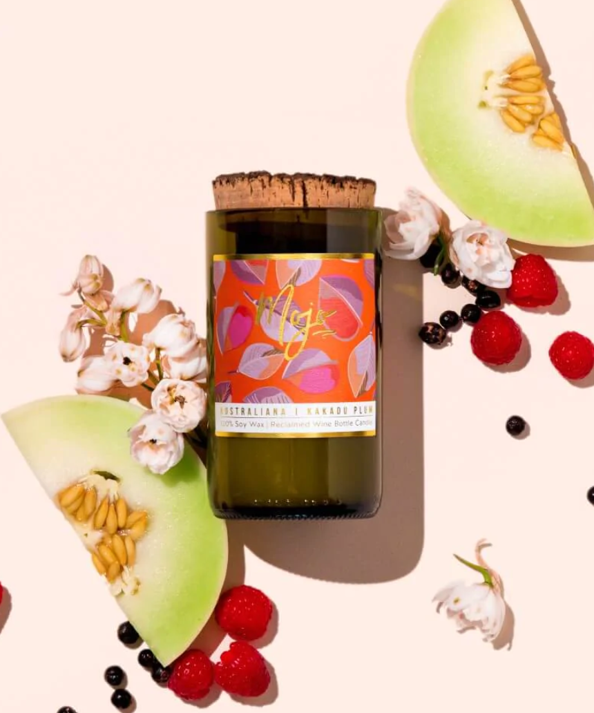 Mojo Candle Co. Kakadu Plum candle from the Australiana Collection, featuring a natural wax finish and botanical-inspired design.