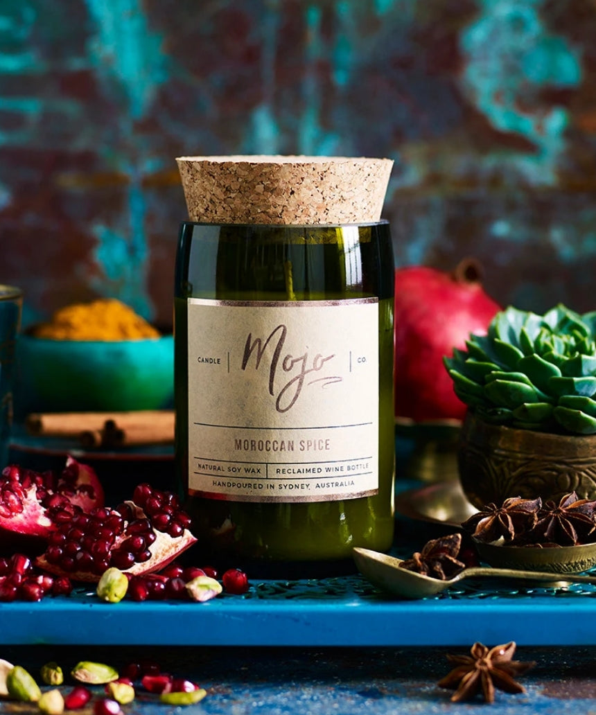 Mojo Candle Co. Moroccan Spice candle with warm, aromatic spices and elegant glass jar.