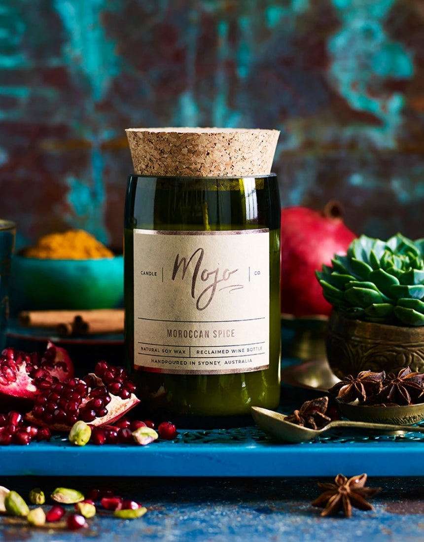 Mojo Candle Co. Moroccan Spice candle with warm, aromatic spices and elegant glass jar.