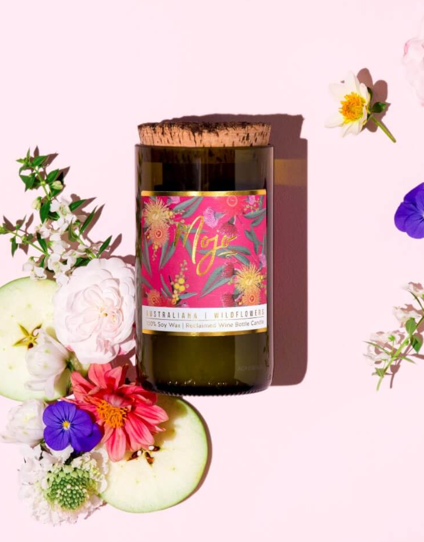 Mojo Candle Co. Wild Flowers Australiana Collection candle with floral design and natural wax finish.