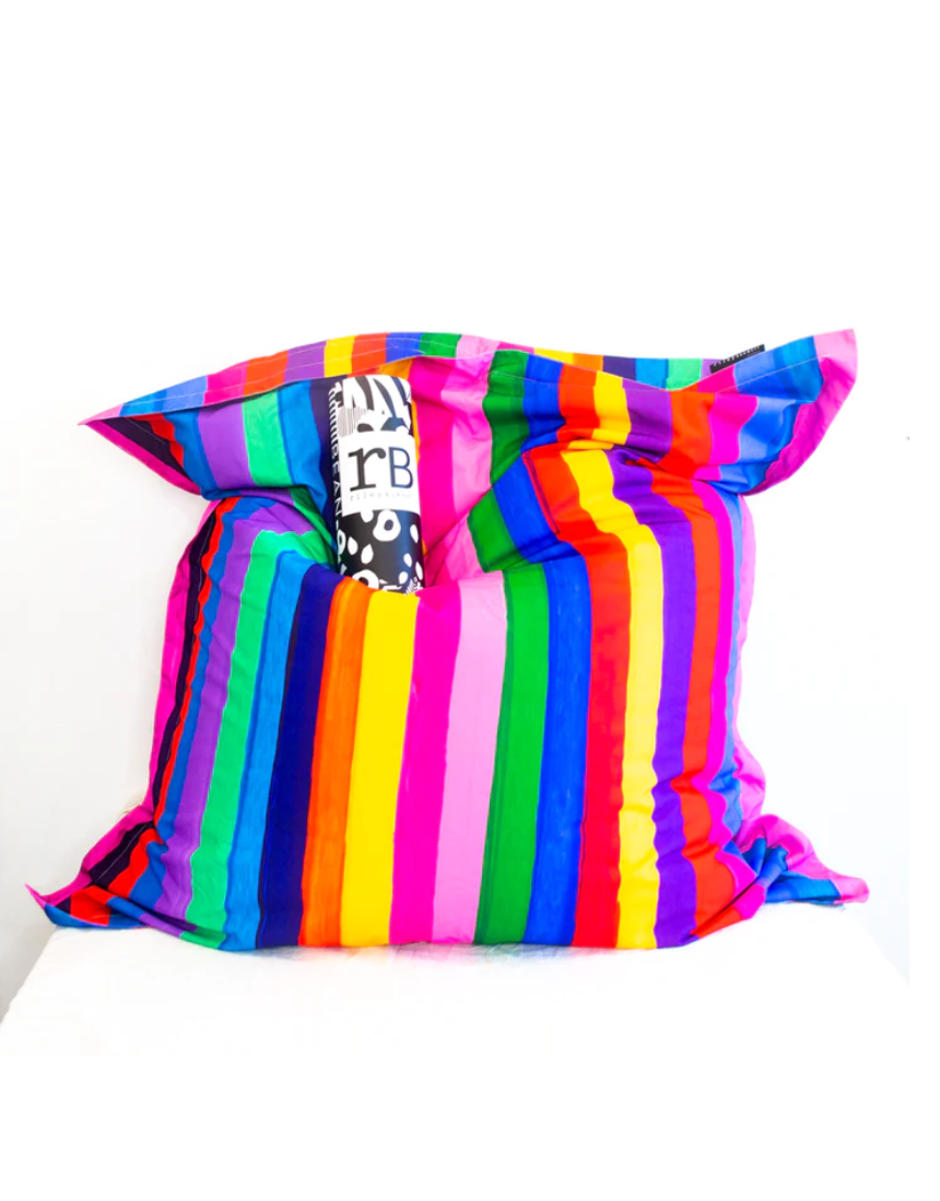 Riley Burnett Carnival Stripe Bean Bag Picnic Rug with colorful striped fabric, perfect for outdoor seating and relaxing.