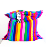 Riley Burnett Carnival Stripe Bean Bag Picnic Rug with colorful striped fabric, perfect for outdoor seating and relaxing.