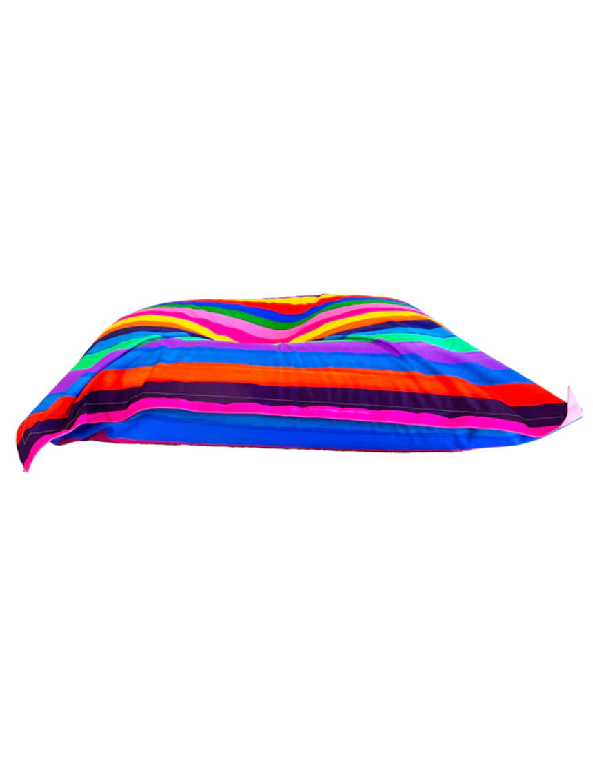 Riley Burnett Carnival Stripe picnic rug with attached bean bag seat, outdoor seating with colorful striped fabric.