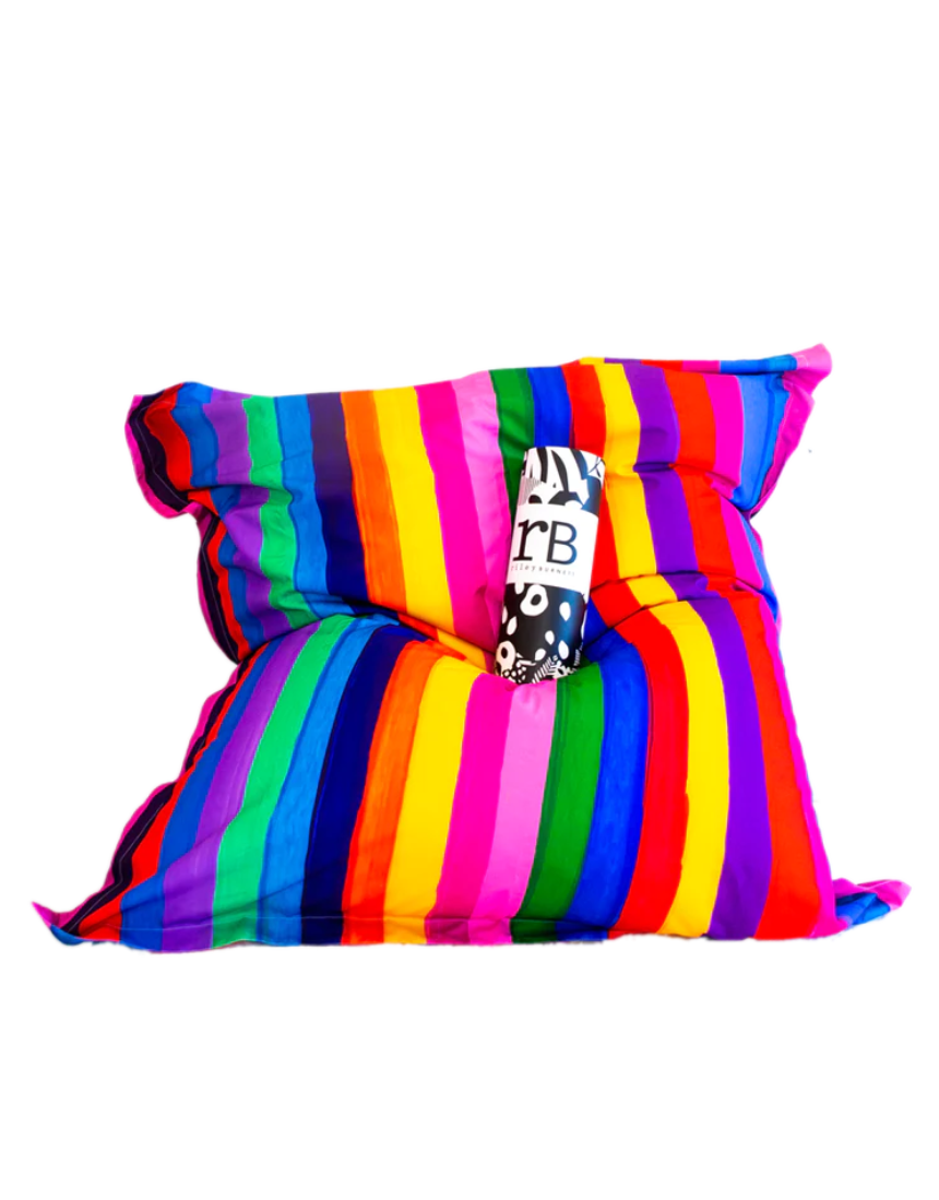 Riley Burnett carnival stripe picnic rug with attached bean bag for outdoor seating and relaxation.