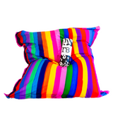 Riley Burnett carnival stripe picnic rug with attached bean bag for outdoor seating and relaxation.
