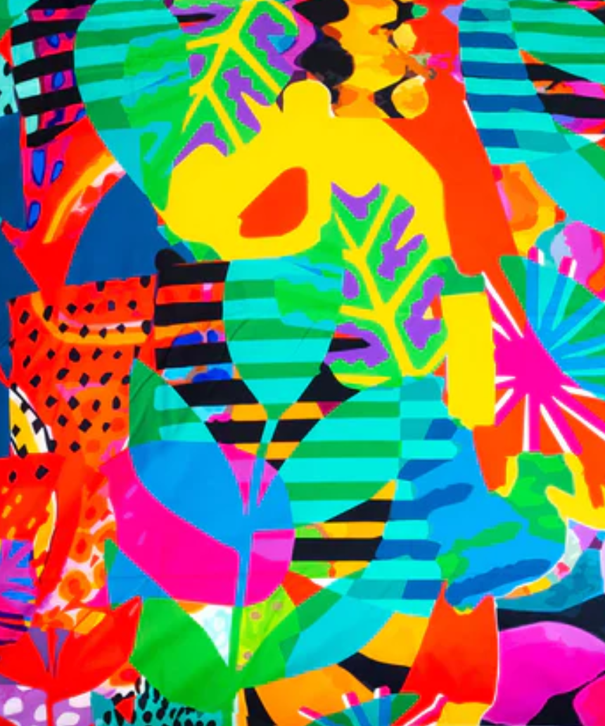Riley Burnett Picnic Rug with an abstract oasis pattern, featuring vibrant colors and soft fabric for outdoor picnics.