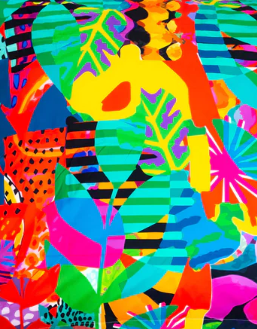 Riley Burnett Picnic Rug with an abstract oasis pattern, featuring vibrant colors and soft fabric for outdoor picnics.