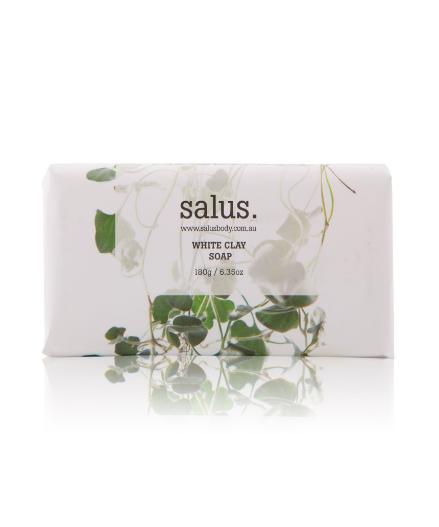 Salus White Clay Soap bar featuring a clean, white appearance and natural ingredients, ideal for gentle skin cleansing.