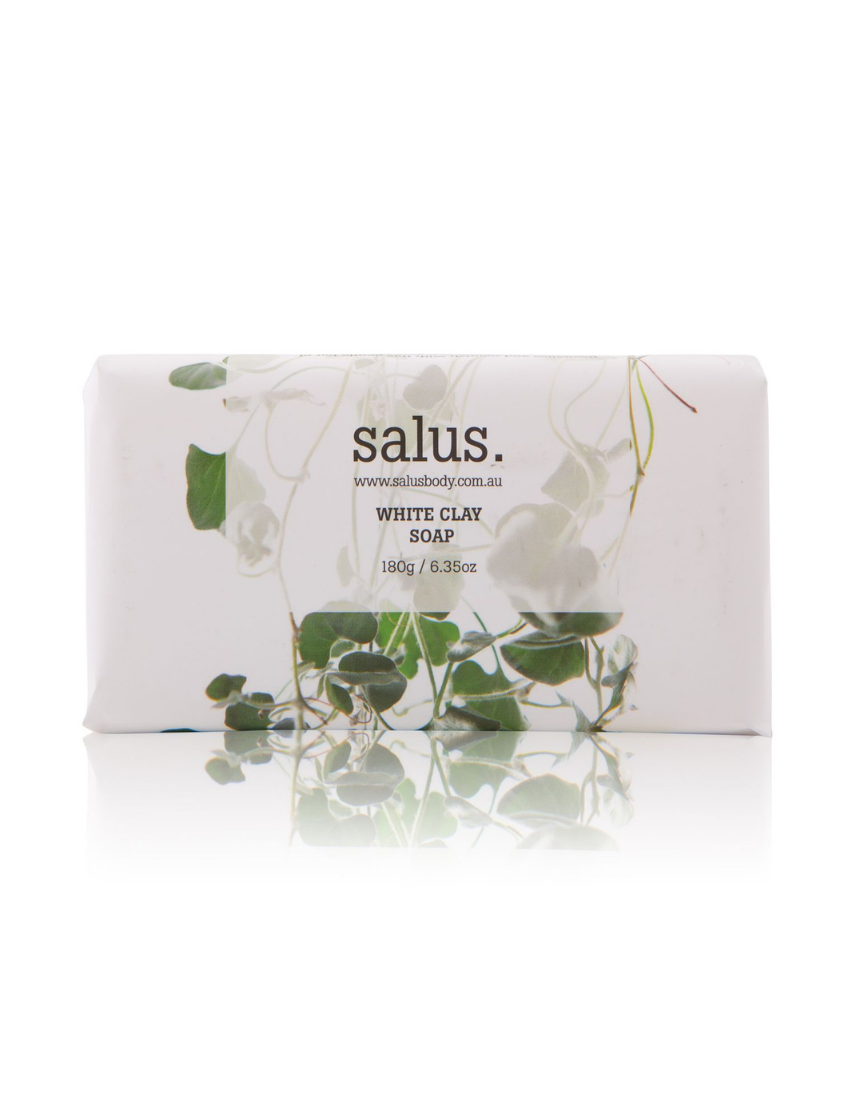 Salus White Clay Soap bar featuring a clean, white appearance and natural ingredients, ideal for gentle skin cleansing.