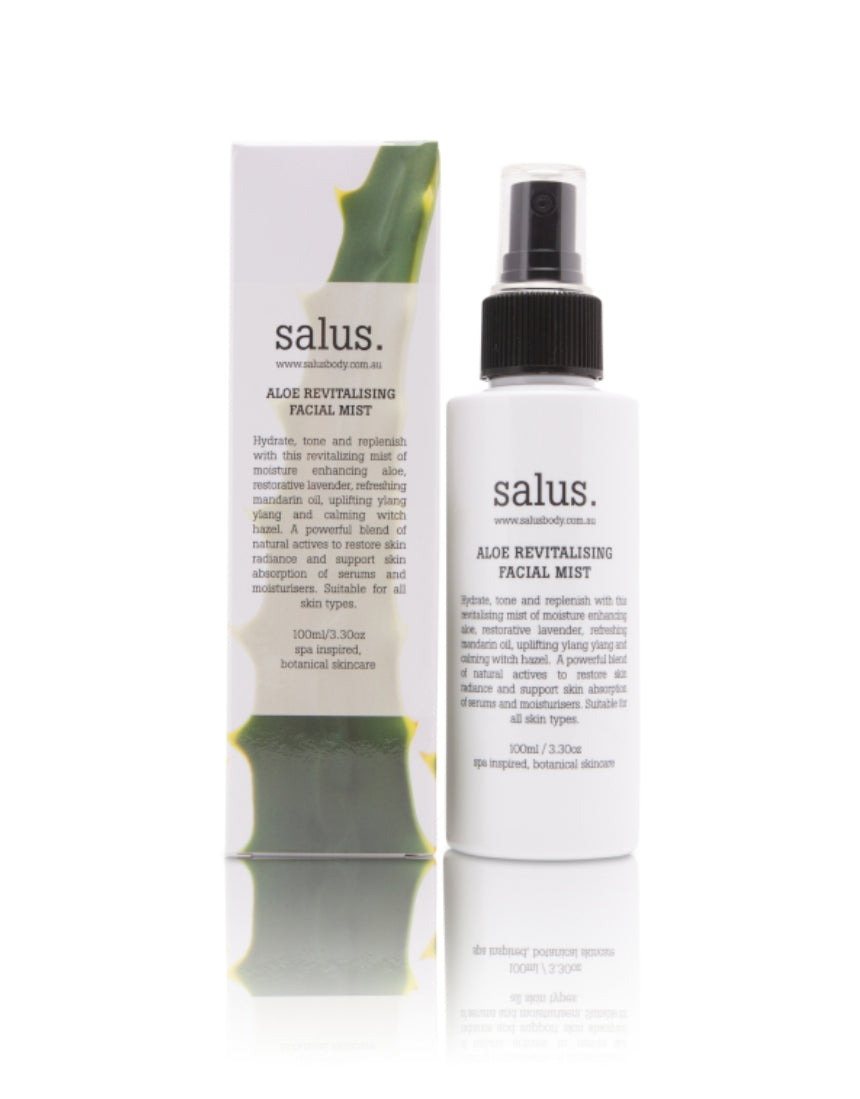 Salus Aloe Revitalising Facial Mist in a clear spray bottle, designed to refresh and hydrate skin.