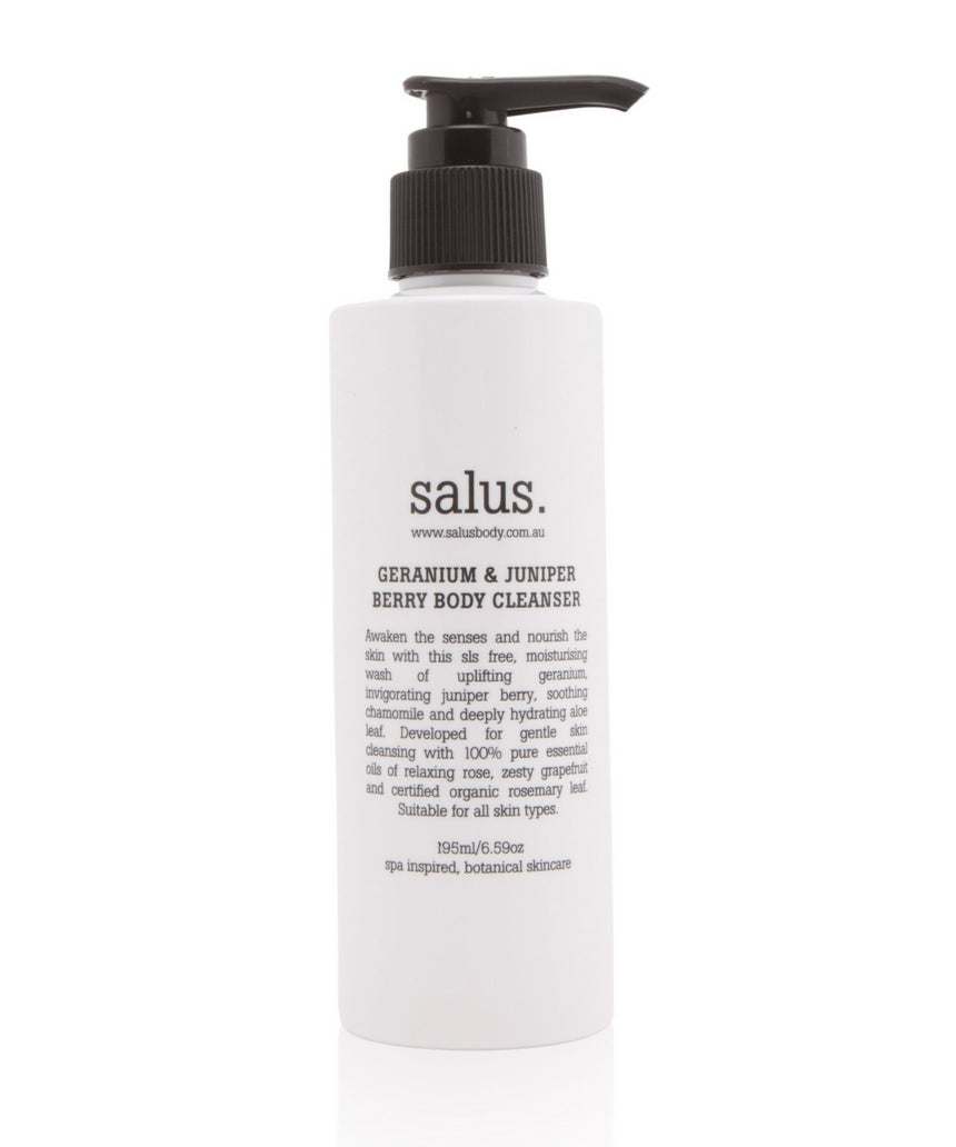 Salus Geranium and Juniper Berry Body Cleanser in a pump bottle, showcasing natural ingredients and refreshing bath and body product.