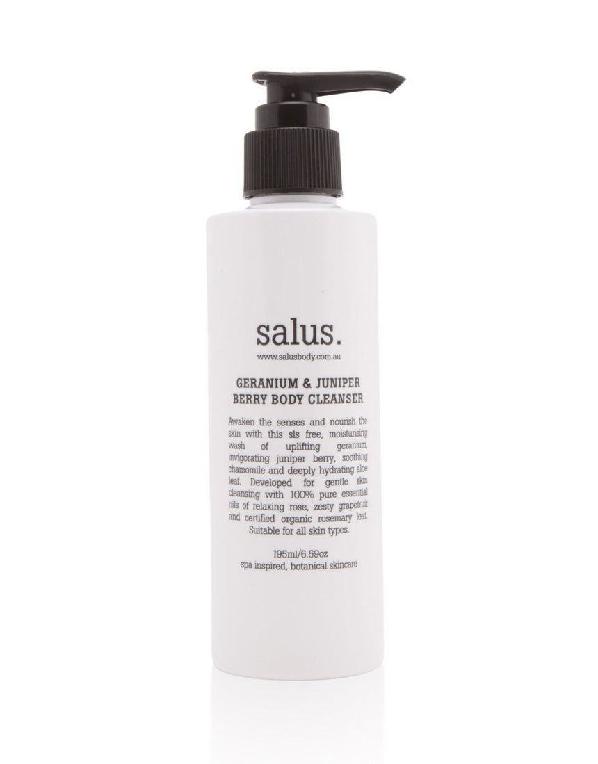 Salus Geranium and Juniper Berry Body Cleanser in a pump bottle, showcasing natural ingredients and refreshing bath and body product.