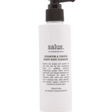 Salus Geranium and Juniper Berry Body Cleanser in a pump bottle, showcasing natural ingredients and refreshing bath and body product.
