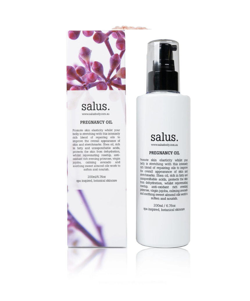 Salus Pregnancy Oil in a bottle, designed for bath and body care to soothe and nourish skin during pregnancy.