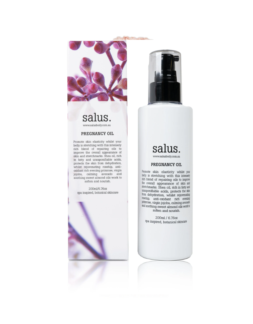 Salus Pregnancy Oil in a bottle, designed for bath and body care to soothe and nourish skin during pregnancy.