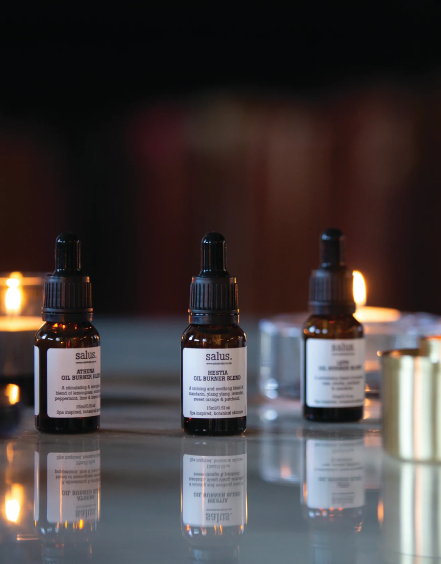 Salus essential oil burner blend trio featuring three aromatic essential oils for relaxing and aromatic use.