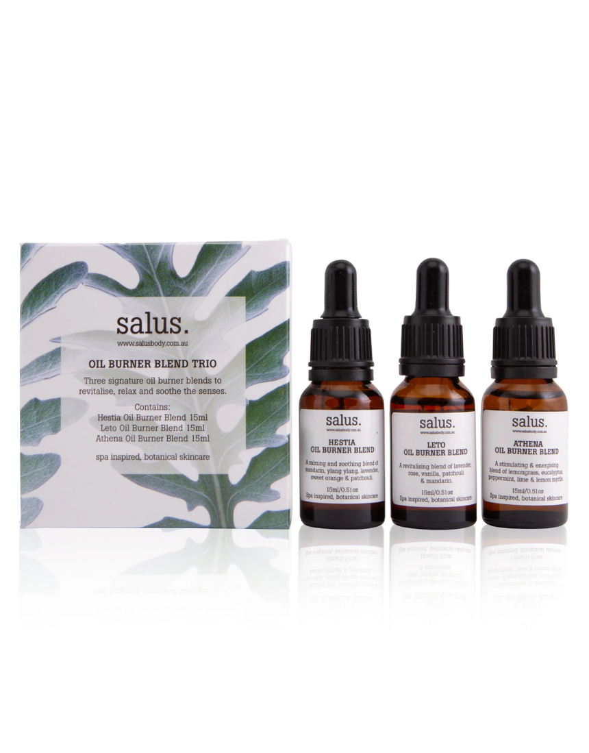 Salus essential oil burner blend trio featuring three bottles of aromatic essential oils for aromatherapy and relaxation.