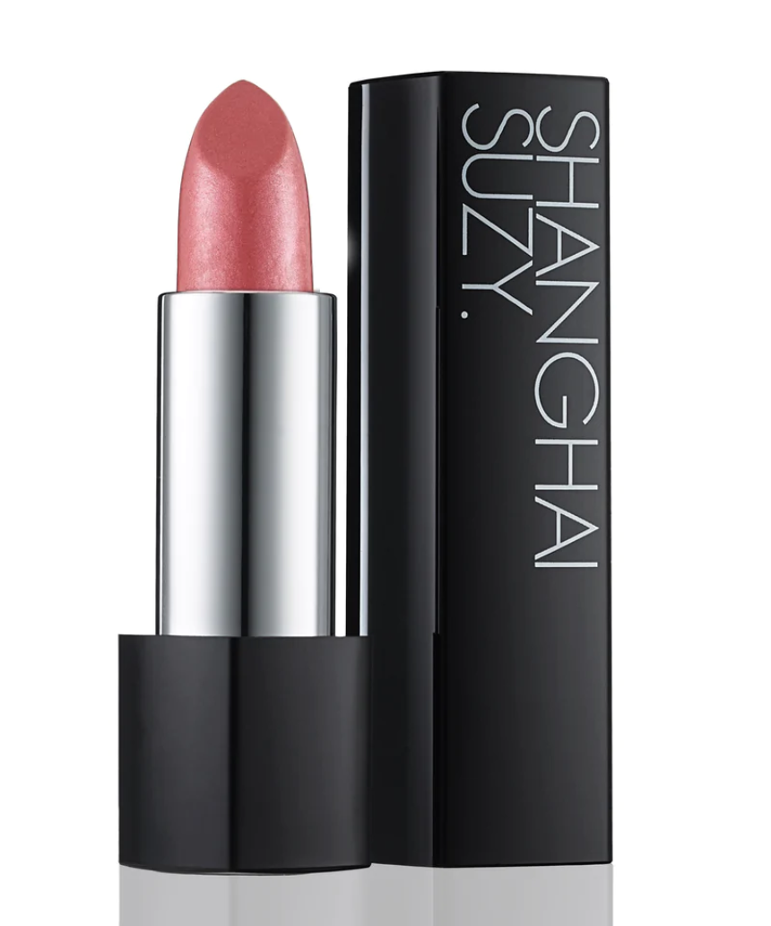 Suzy Lipsticks Miss Celine Dusty Rose satin lipstick displayed in elegant tube with soft pink shade for a sophisticated look.