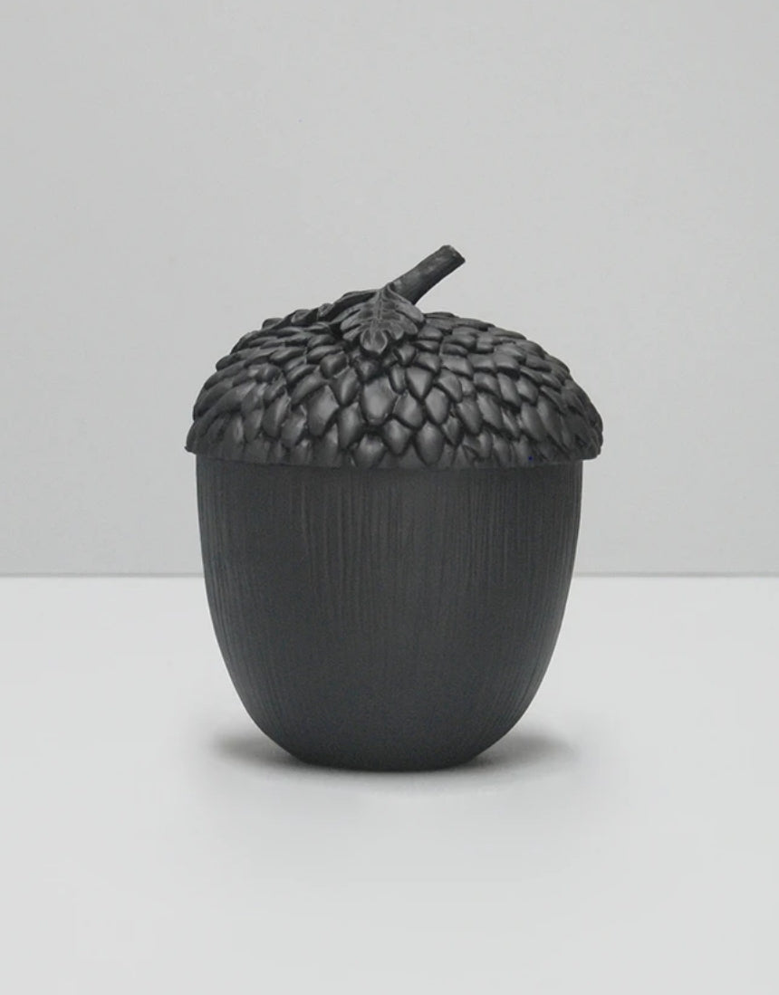 White Moose resin acorn-shaped vase and pot in black, decorative container with a textured surface and realistic acorn details.