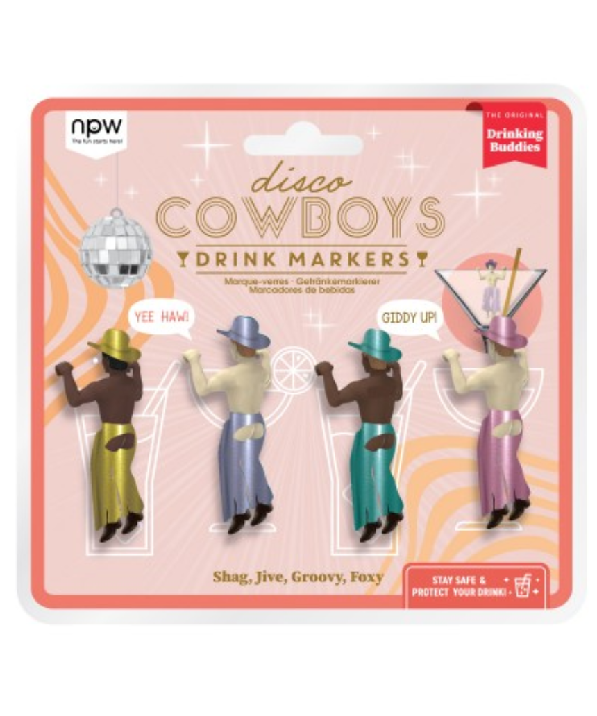 William Valentine Disco Cowboys drink marker featuring colorful cowboy-themed design for identifying drinks at parties.