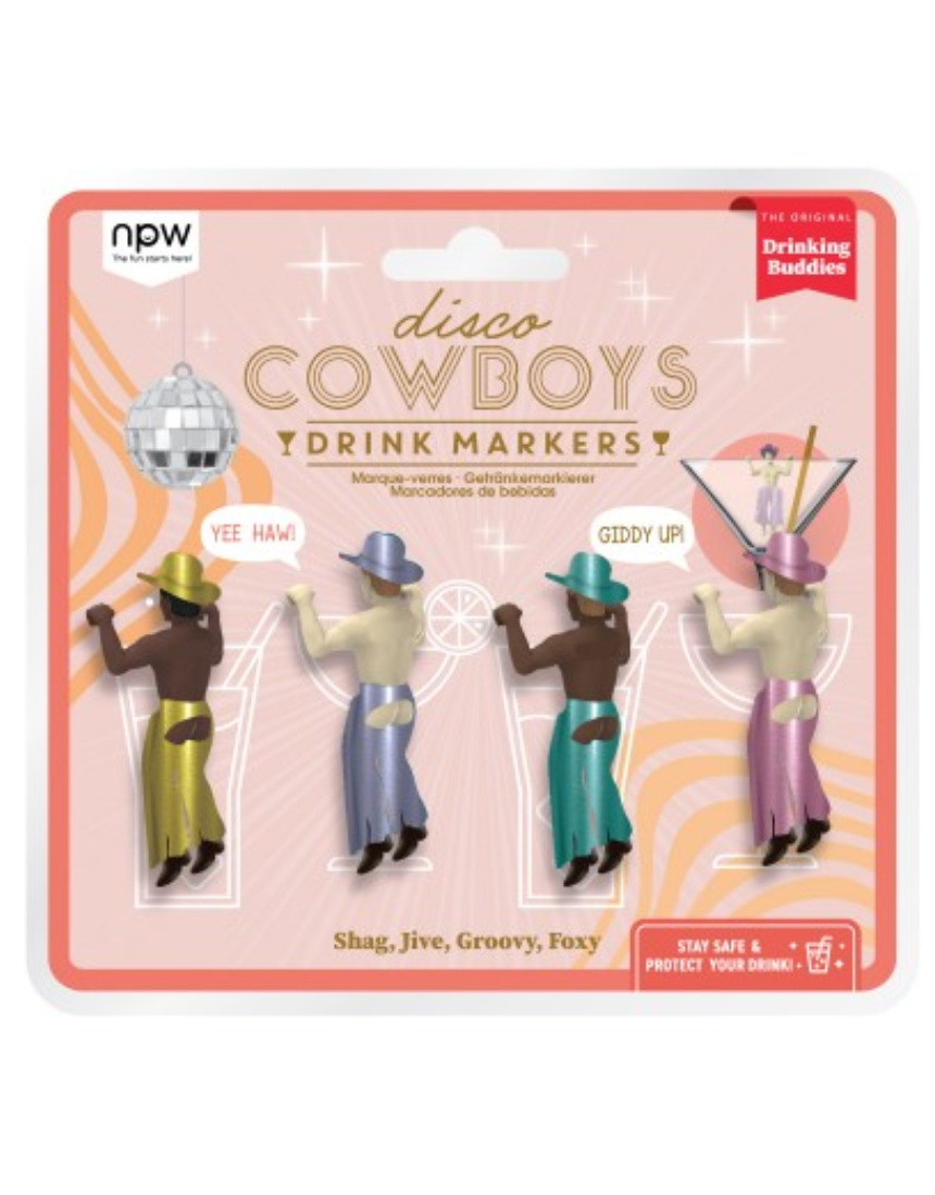 William Valentine Disco Cowboys drink marker featuring colorful cowboy-themed design for identifying drinks at parties.